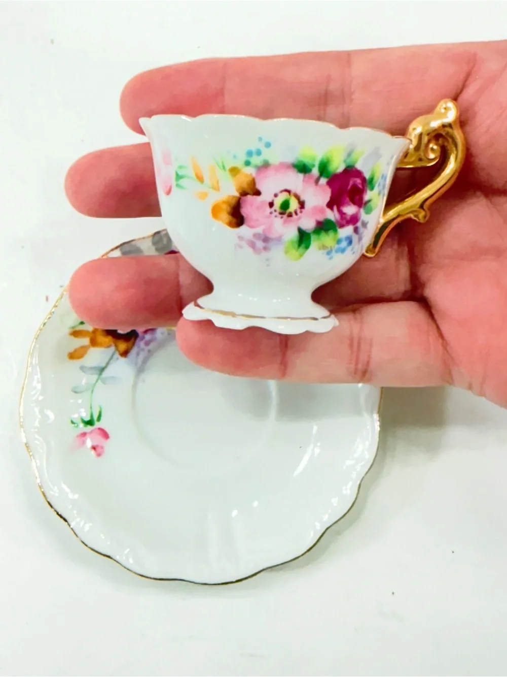 Vintage Miniature Mini Tea Cup Saucer Set Porcelain Hand Painted Flower Japan